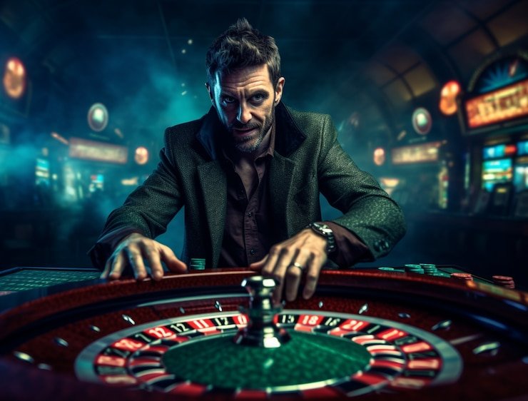 Tampilan studio Lightning Roulette dengan dealer profesional dan roda roulette fisik